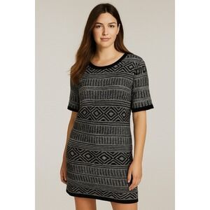 Love marks Womens Dress Black White Round Neck Short Neck Tribal Graphic Medium